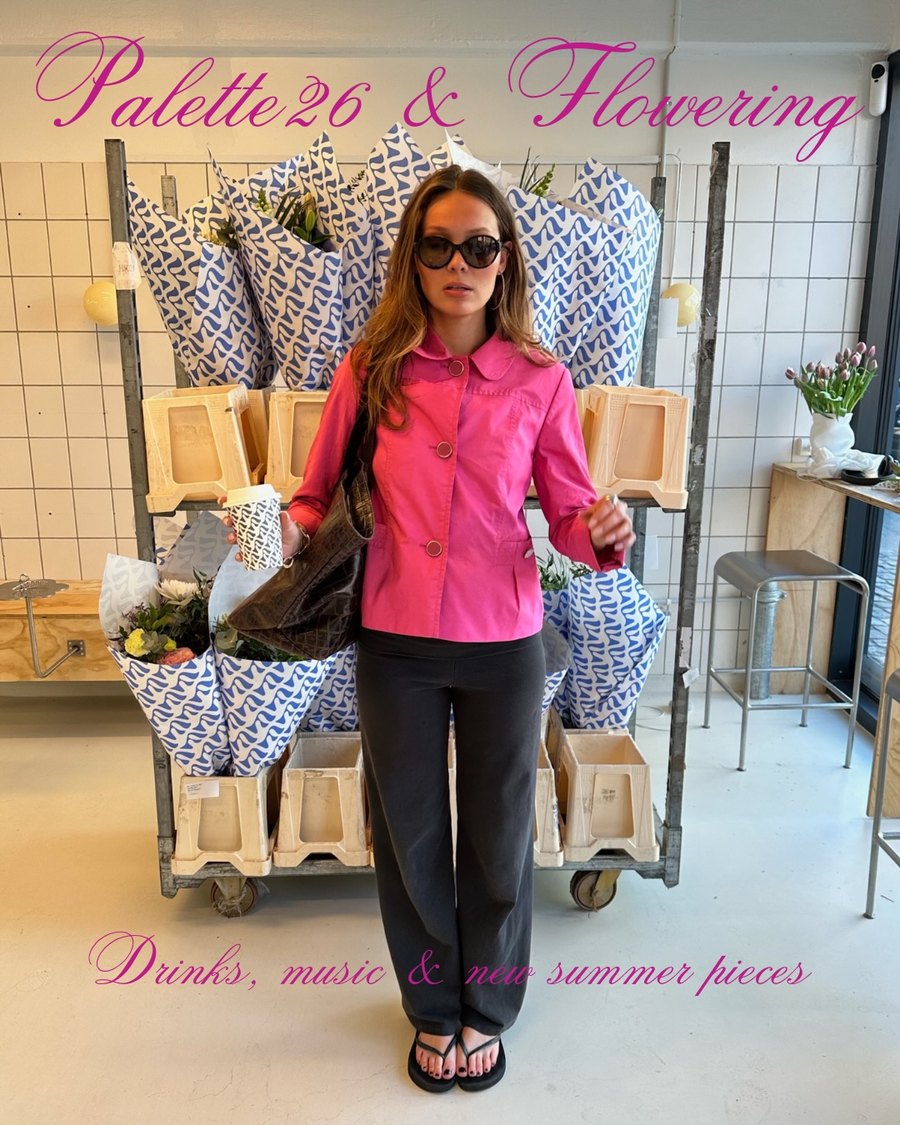 Event graphic for Palette26 and Flowering: a guest in a pink jacket among trolleys of wrapped flowers, captioned Drinks, music and new summer pieces